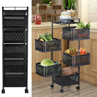  - Black 6 Tier Kitchen Rotating Storage Trolley Cart Utility Vegetable Mobile Shelf Rack