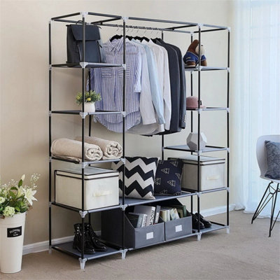  - Large Grey Fabric Canvas Wardrobe With Hanging Rail & Storage Shelves