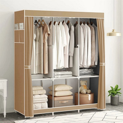  - Coffee Large Canvas Fabric Wardrobe With Hanging Rail & Shelves