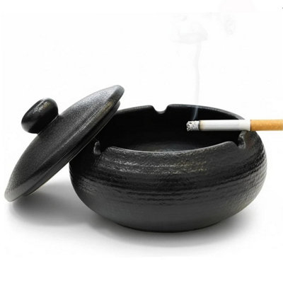  - Black Ceramic Ashtray Desktop Smoking Cigarette With Lid For Home Indoor Outdoor