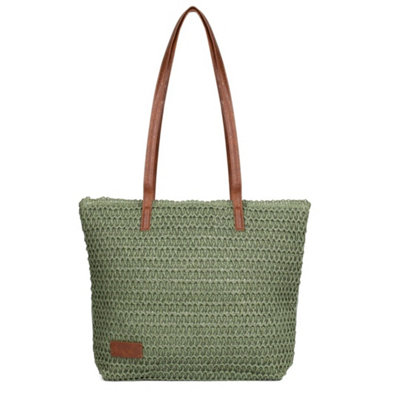 Green-Womens Beach Bag Straw Tote Bag Woven Summer Handbag Large Shoulder Bag With Zip from B&Q