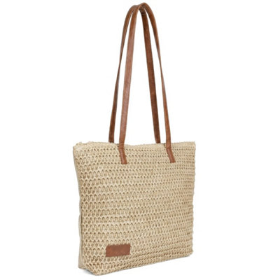 Beige-Womens Beach Bag Straw Tote Bag Woven Summer Handbag Large Shoulder Bag With Zip from B&Q
