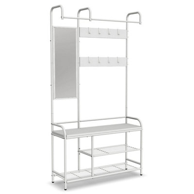  - Whtie On White Entryway Hallway Coat Hanger Stand & Shoe Bench Storage Display Rack With Mirror