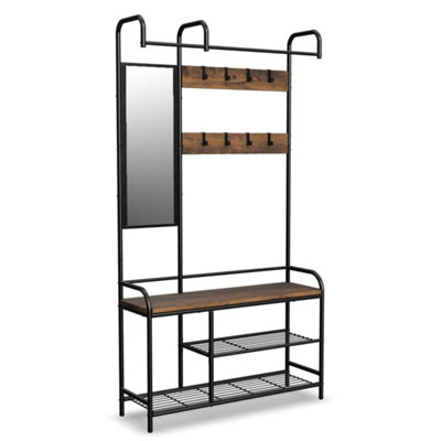  - Black And Rustic Oak Entryway Hallway Coat Hanger Stand & Shoe Bench Storage Display Rack With Mirror