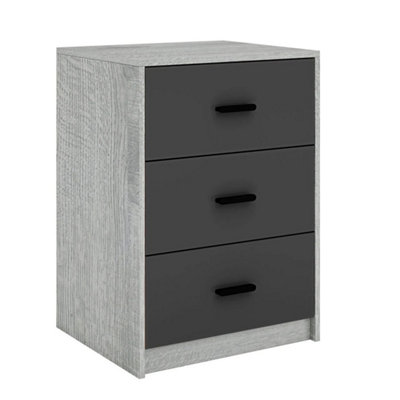  - Black Modern Ash Grey 3 Drawer Bedside Table Nightstand Drawers Bedroom Furniture