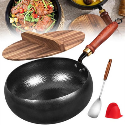 Uncoated Cast Iron Wok Pot With Wooden Lid from B&Q