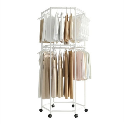  - White Hexagonal Rotating Double Layer Garment Rack
