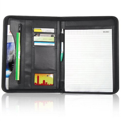 Black A4 Executive Conference Folder Faux Leather Zipped Meeting Case
