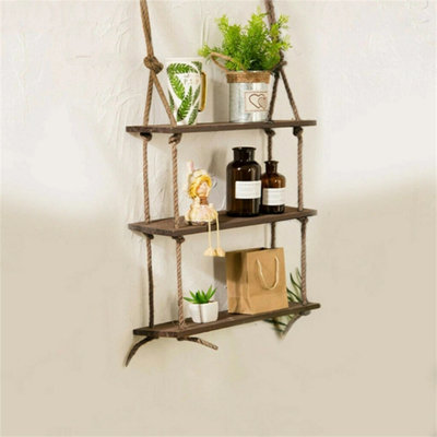 3-Tier Wooden Hanging Shelf Swing Floating Shelves Jute Rope Wall Display Decor from B&Q