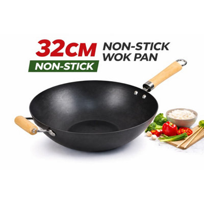 32Cm Non Stick Wok Pan Stir Fry Cooking Deep Cooking Wok Kitchen Wooden Handles from B&Q