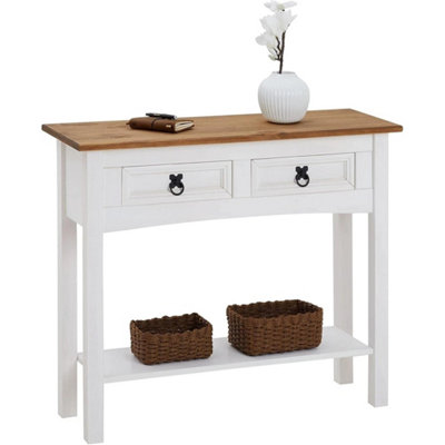  - White Console Table 2 Drawer Solid Pine Wax