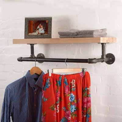  - 125Cm Wall Mounted Clothes Rail Garment Hanging Rack With Shelf