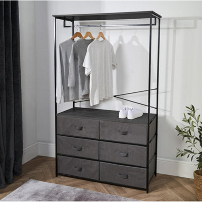  - Grey Cabinet Rail Wardrobe Open Home 6 Drawer Coat Hanger Storage Clothes Organiser