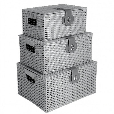 Grey Resin Wicker Basket Hamper Storage With Lids Set Of 3 from B&Q