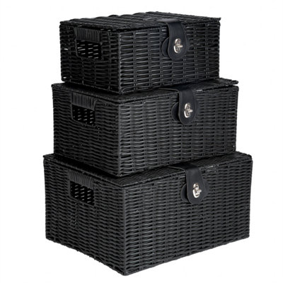 Black Resin Wicker Basket Hamper Storage With Lids Set Of 3 from B&Q