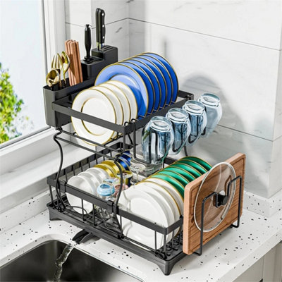 2 Tiers Dish Drainer Rack-Cutlery Cup Chopping Board Holder-For Kitchen Counter from B&Q