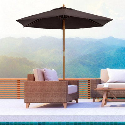  - Garden Parasol Wooden Umbrella Outdoor Patio Sun Shade Pulley Canopy 2.4M Black