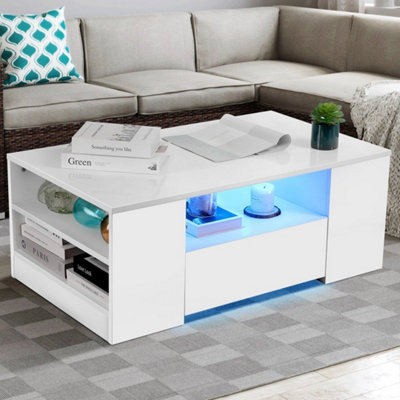  - Led Coffee Tea Table Wooden Cocktail Centre Table High Gloss With Storage