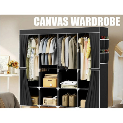 Black-Large Fabric Canvas Wardrobe With Hanging Shelving Clothes Storage Closet Shelf from B&Q