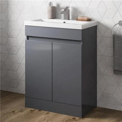 Bathroom Vanity Unit Freestanding Basin Sink Cabinet Furniture Gloss Grey 600mm from B&Q
