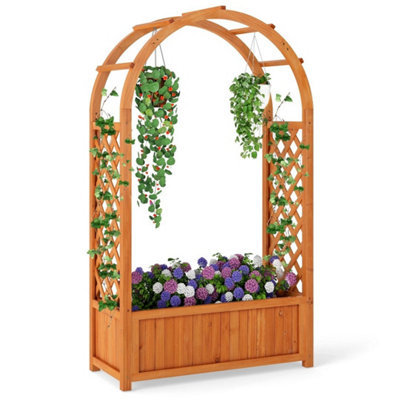  - Brown Wooden Raised Garden Bed With Arch Trellis
