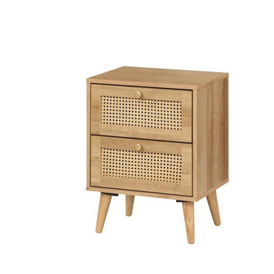  - Oak & Pvc Rattan 2 Drawer Bedside Table Nightstand Chest Furniture