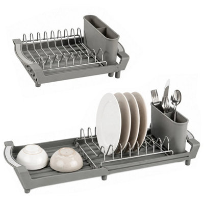 B&Q Kitchen Stainless Steel Drainer  Expandable Dish Rack With Cutlery Holder Grey