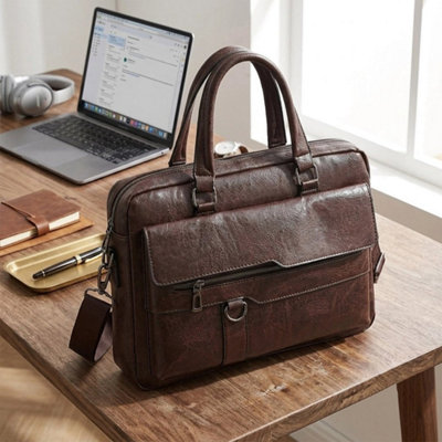 B&Q Brown Pu Leather Briefcase Men 14 Inch Laptop Bag Vintage Messenger Shoulder Satchel