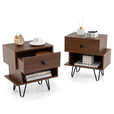 B&Q Nightstand Set Of 2 Mid Century Modern End Tables With Drawer