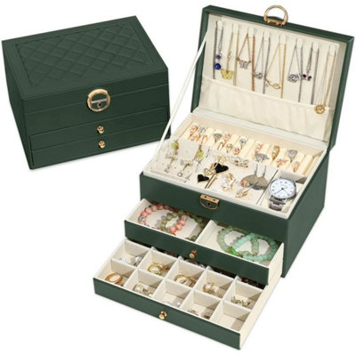 B&Q Green - 3 Layer  Large Jewellery Boxes Storage Case Drawer Cabinet Necklace Organizer