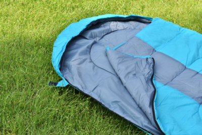 A single sleeping bag laid flat on a lawn.