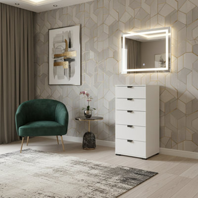 Amos Mann Furniture Althena Valenca Arctic White Slim Narrow 5 Drawer Chest from B&Q