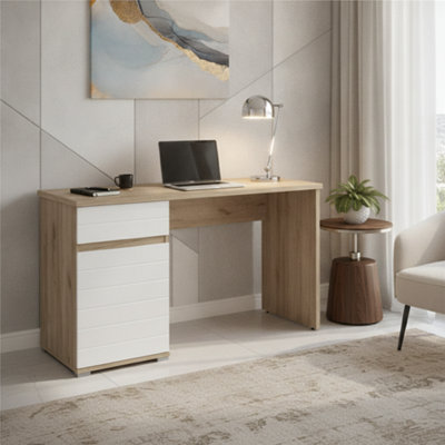 B&Q -  Langley Oak And White Gloss Computer Study Desk With Drawer And Cupboard