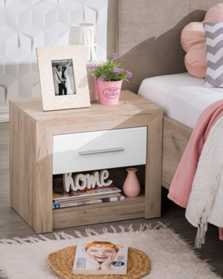Amos Mann Furniture Astor Grey Oak And White Gloss Bedside With 1 Drawer And Open Shelf from B&Q