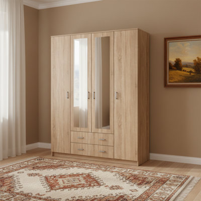 Amos Mann Furniture Hana Sonoma Oak Effect 4 Door 2 Drawer Large Wardrobe With Mirrors 160Cm from B&Q