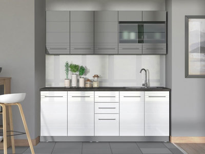 Amos Mann Furniture Petra 200Cm Kitchen White Gloss And Grey Cupboards from B&Q