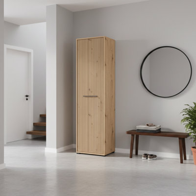Amos Mann Furniture Landes Slatted Artisan Oak Effect Tall Narrow Shallow Depth Wardrobe For Small Spaces from B&Q