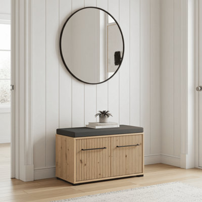 Amos Mann Furniture Landes Slatted Oak Effect 2 Door Shoe Storage Bench from B&Q