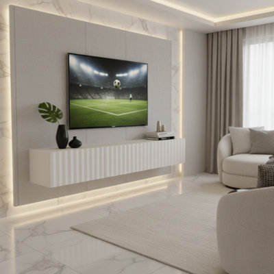 Amos Mann Furniture Antibes White Slat Effect Wall Mounted Floating Wide 192Cm Large Tv Cabinet Entertainment Unit from B&Q