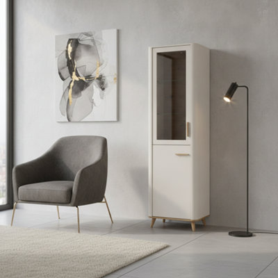 B&Q -  Darwen Cashmere And Oak Effect Tall Slim 2 Door Showcase Display Cabinet Unit