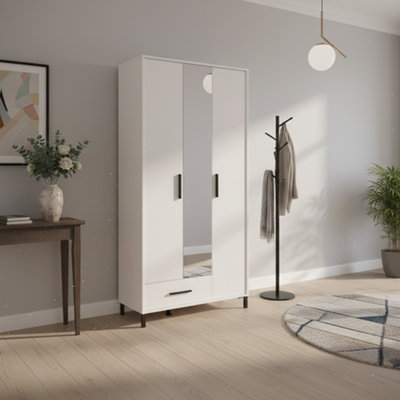 Amos Mann Furniture Orkney White 3 Door Tall Shallow Depth Mirrored Wardrobe For Small Spaces from B&Q