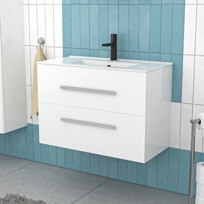 Nes Home 800Mm White Wall Hung 2 Drawers Slim Basin Vanity Unit - Image 3