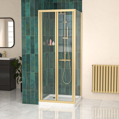 B&Q -  Brushed Brass 760mm Bi-Fold Shower Door 760mm Side Panel With Tray
