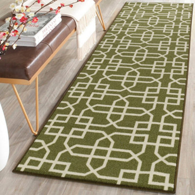 B&Q Smart Living Heavy Duty Machine Washable Runner For Hallway, Kitchen Non Slip Floor Mats, Door Mat 80Cm X 300Cm - Green Cream Green/Cream