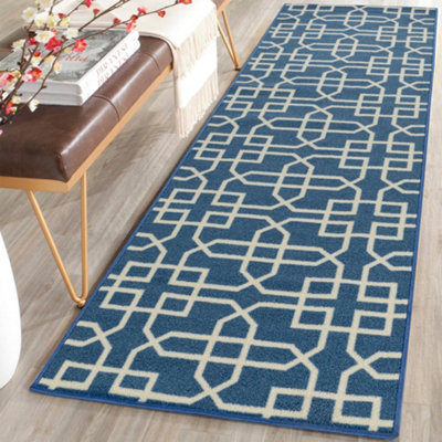 B&Q Smart Living Heavy Duty Machine Washable Runner For Hallway, Kitchen Non Slip Floor Mats, Door Mat 80Cm X 300Cm - Blue Cream Blue/Cream