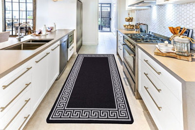 B&Q Smart Living Heavy Duty Machine Washable Runner For Hallway, Kitchen Non Slip Floor Mats, Door Mat 67Cm X 120Cm - Black/Cream