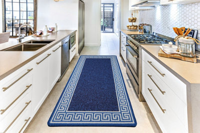 B&Q Smart Living Heavy Duty Machine Washable Runner For Hallway, Kitchen Non Slip Floor Mats, Door Mat 80Cm X 300Cm - Blue/Cream