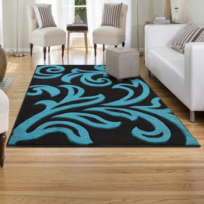 B&Q Smart Living Modern Thick Soft Carved Area Rug, Living Room Carpet, Kitchen Floor, Bedroom Soft Rugs 60Cm X 220Cm - Teal Black