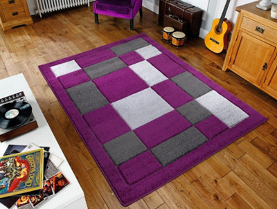 B&Q Smart Living Modern Thick Havana Carved Area Rug, Living Room Carpet, Kitchen Floor, Bedroom Soft Rugs 60Cm X 110Cm - Purple/Grey