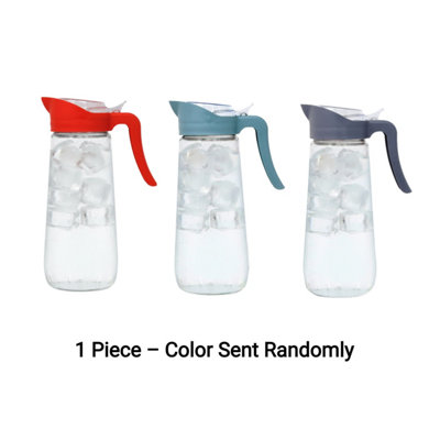 Glass Pitcher W/ Assorted Colour Plastic Handle Lid 1.6L Juice Water Jug Carafe from B&Q